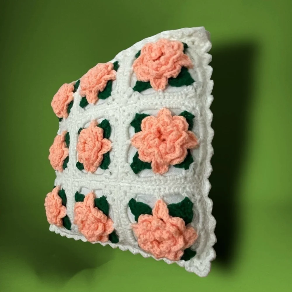 Handcrafted Crocheted White with Peach Roses Throw Pillow